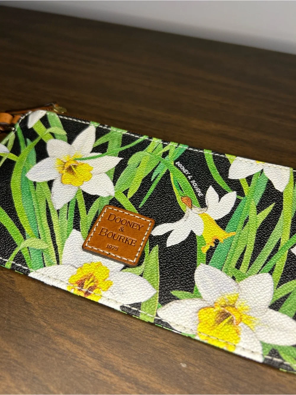 Dooney & Bourke Black Floral Zip Wristlet with Yellow Daffodils